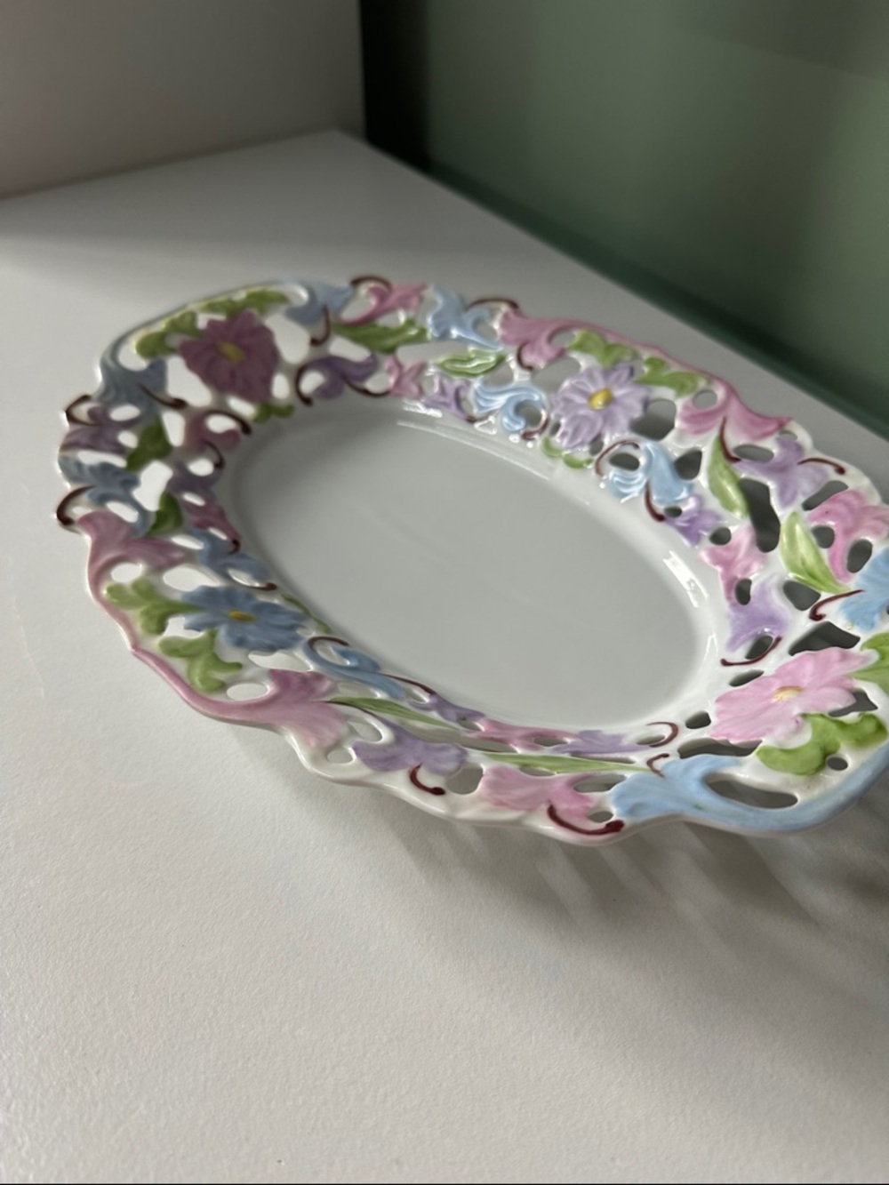 Handpainted Floral Ceramic Oval Dish in Pastel Colors